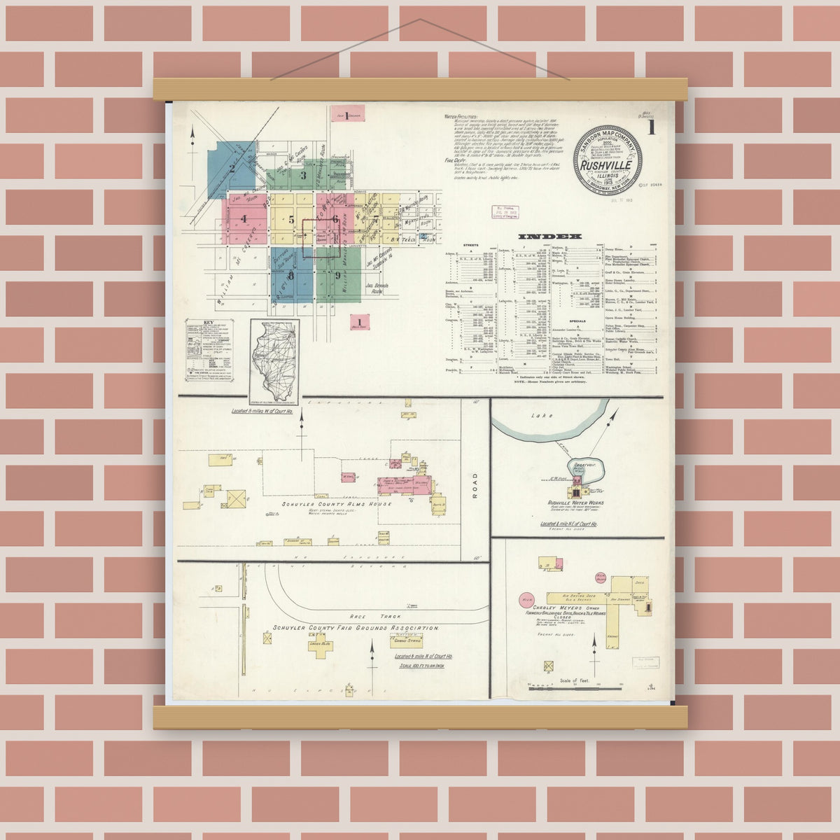 Old map wall art mockup — magnetic wood frame on brick wall — Sanborn Fire Insurance Map from Rushville, Schuyler County, Illinois (1913) - Complete Map Set