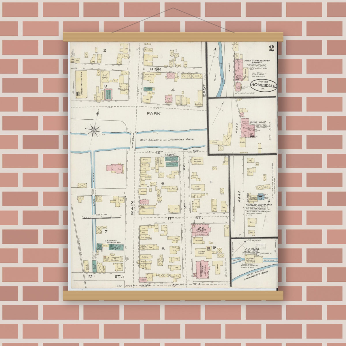 Old map wall art mockup — magnetic wood frame on brick wall — Sanborn Fire Insurance Map from Honesdale, Wayne County, Pennsylvania (1885), Sheet #0002