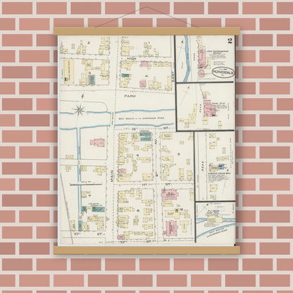 Old map wall art mockup — magnetic wood frame on brick wall — Sanborn Fire Insurance Map from Honesdale, Wayne County, Pennsylvania (1885), Sheet #0002