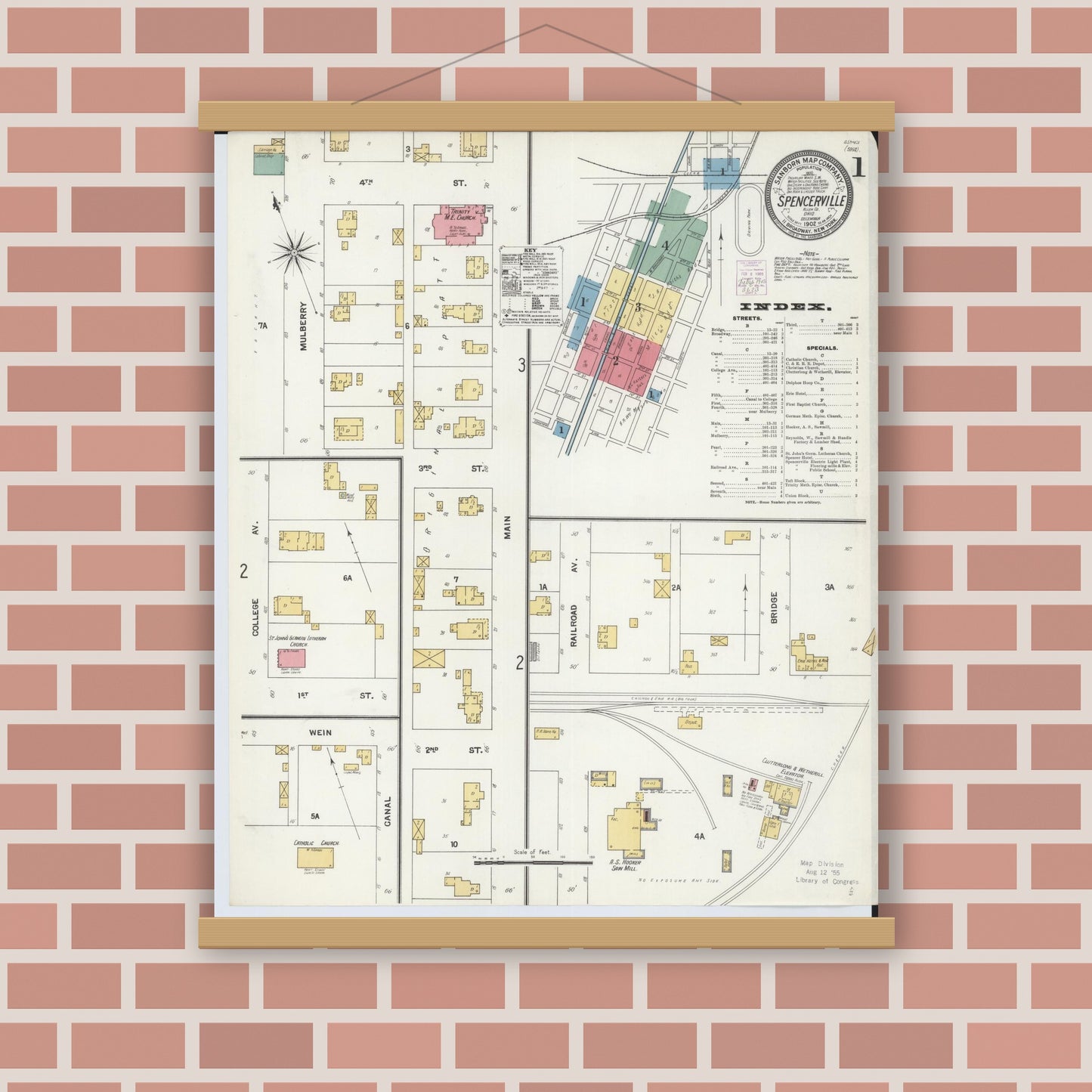 Old map wall art mockup — magnetic wood frame on brick wall — Sanborn Fire Insurance Map from Spencerville, Allen County, Ohio (1902) - Complete Map Set
