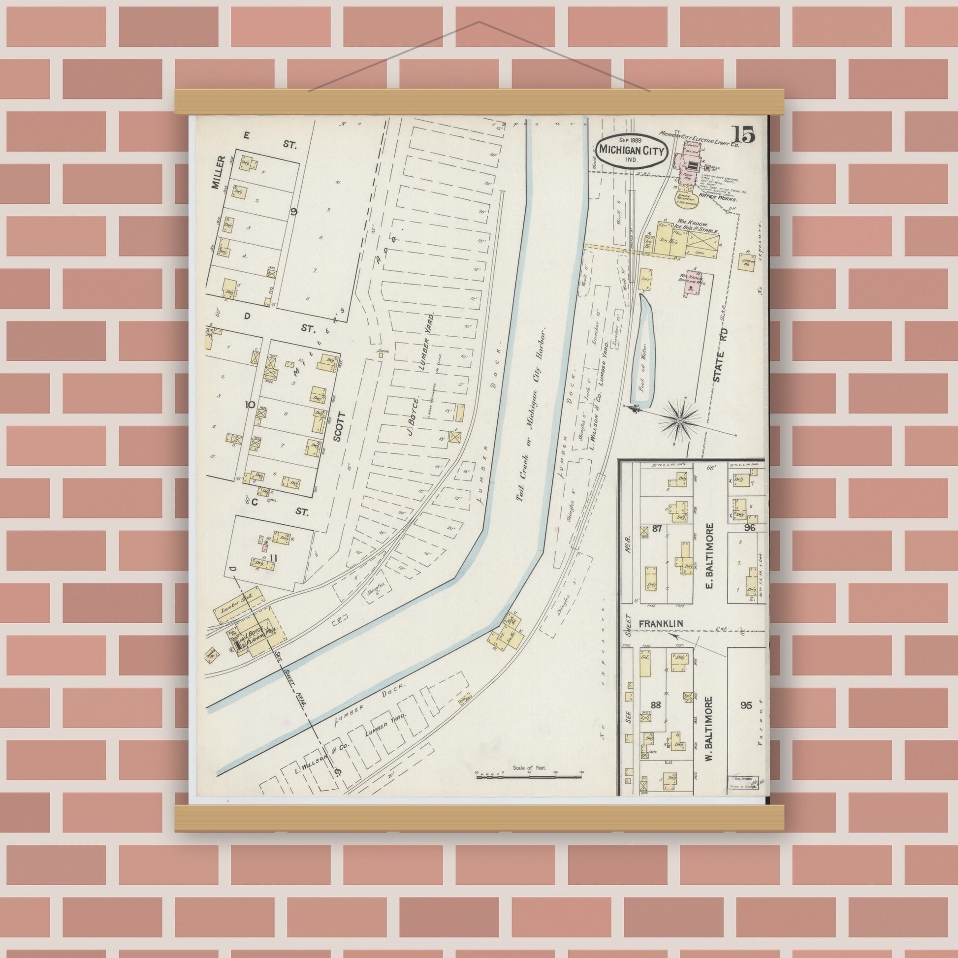 Old map wall art mockup — magnetic wood frame on brick wall — Sanborn Fire Insurance Map from Michigan City, La Porte County, Indiana (1889), Sheet #0015