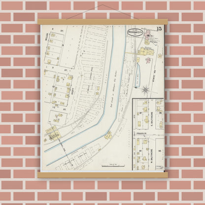 Old map wall art mockup — magnetic wood frame on brick wall — Sanborn Fire Insurance Map from Michigan City, La Porte County, Indiana (1889), Sheet #0015
