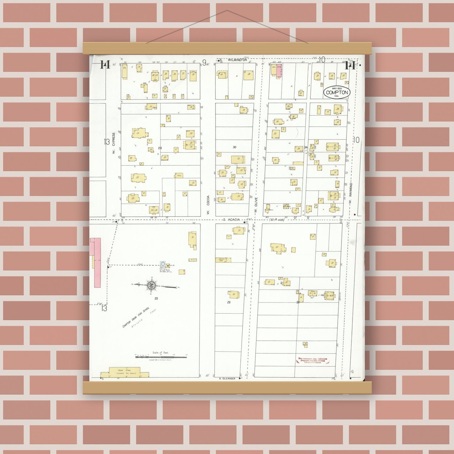Old map wall art mockup — magnetic wood frame on brick wall — Sanborn Fire Insurance Map from Compton, Los Angeles County, California (1925), Sheet #0014
