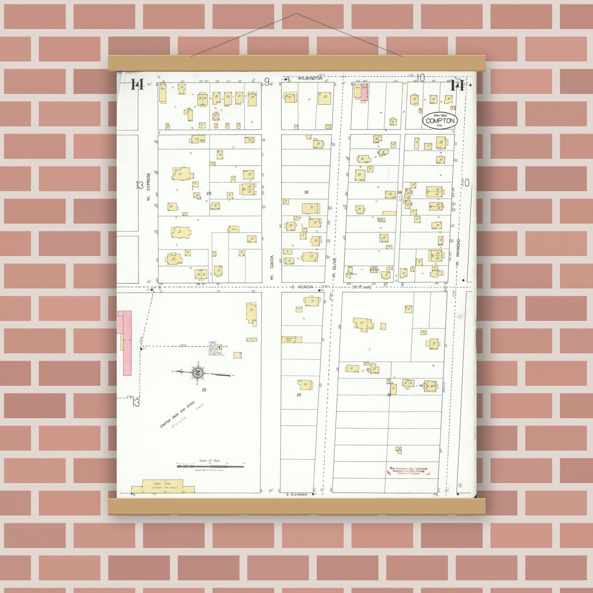Old map wall art mockup — magnetic wood frame on brick wall — Sanborn Fire Insurance Map from Compton, Los Angeles County, California (1925), Sheet #0014