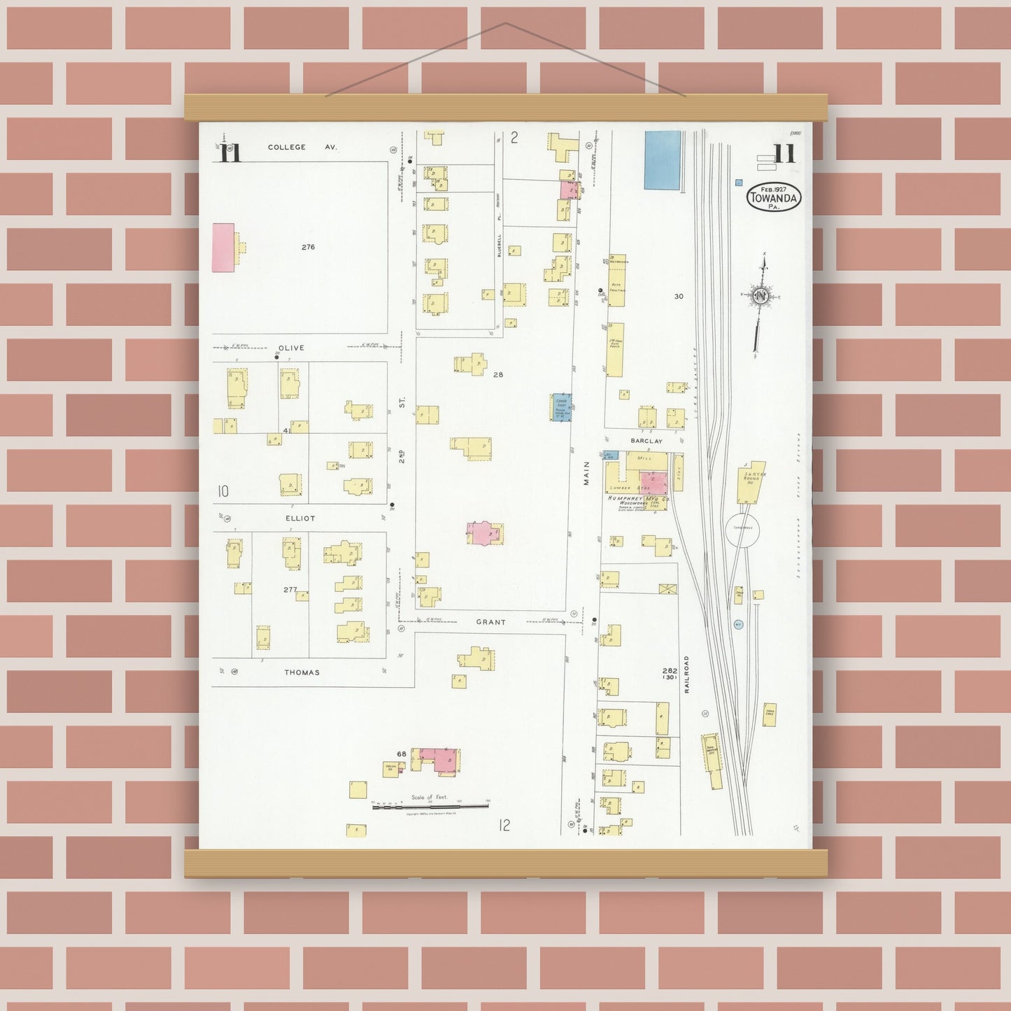 Old map wall art mockup — magnetic wood frame on brick wall — Sanborn Fire Insurance Map from Towanda, Bradford County, Pennsylvania (1927), Sheet #0011