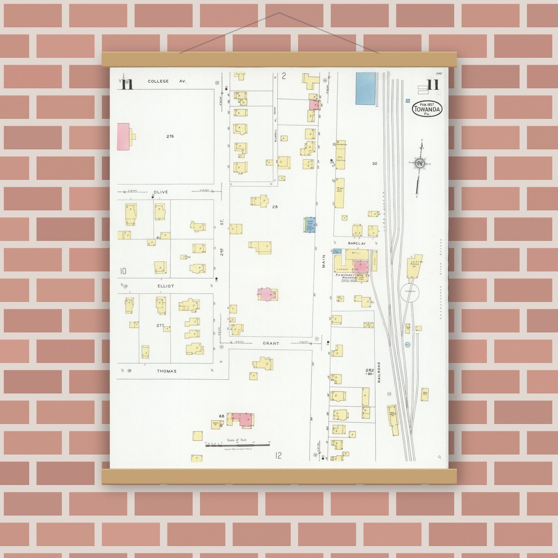 Old map wall art mockup — magnetic wood frame on brick wall — Sanborn Fire Insurance Map from Towanda, Bradford County, Pennsylvania (1927), Sheet #0011
