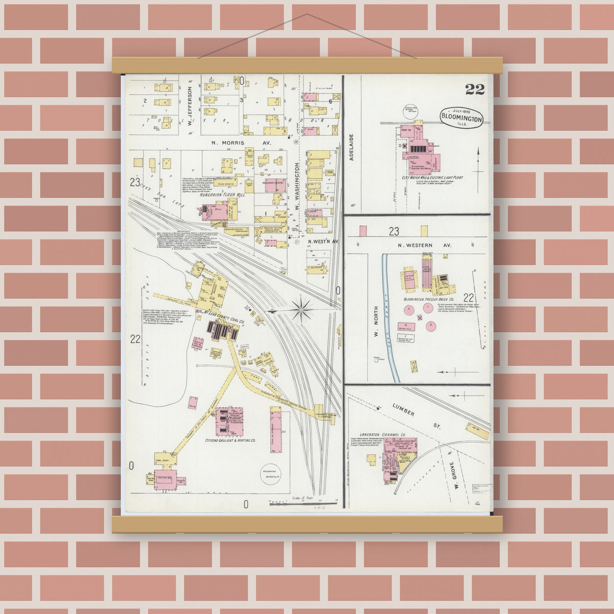 Old map wall art mockup — magnetic wood frame on brick wall — Sanborn Fire Insurance Map from Bloomington, McLean County, Illinois (1896), Sheet #0022