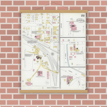 Old map wall art mockup — magnetic wood frame on brick wall — Sanborn Fire Insurance Map from Bloomington, McLean County, Illinois (1896), Sheet #0022