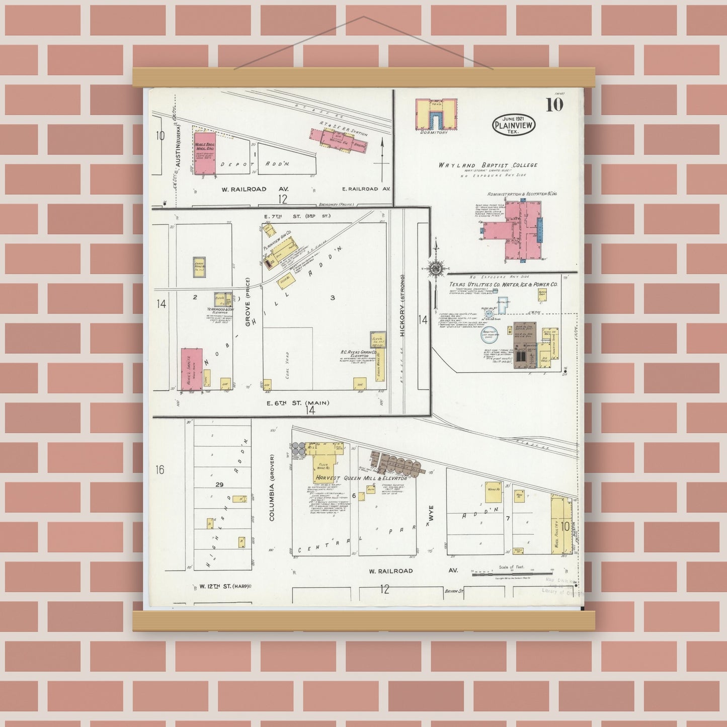 Old map wall art mockup — magnetic wood frame on brick wall — Sanborn Fire Insurance Map from Plainview, Hale County, Texas (1921), Sheet #0010