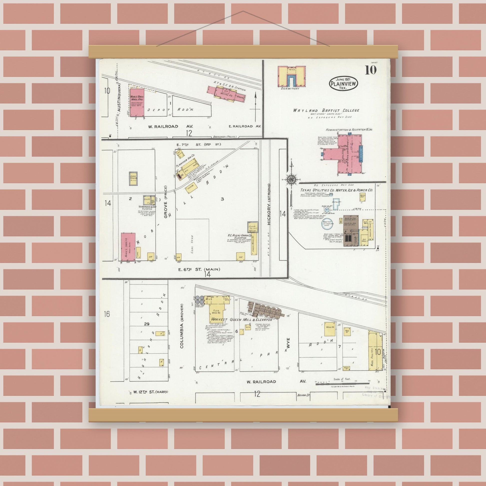 Old map wall art mockup — magnetic wood frame on brick wall — Sanborn Fire Insurance Map from Plainview, Hale County, Texas (1921), Sheet #0010