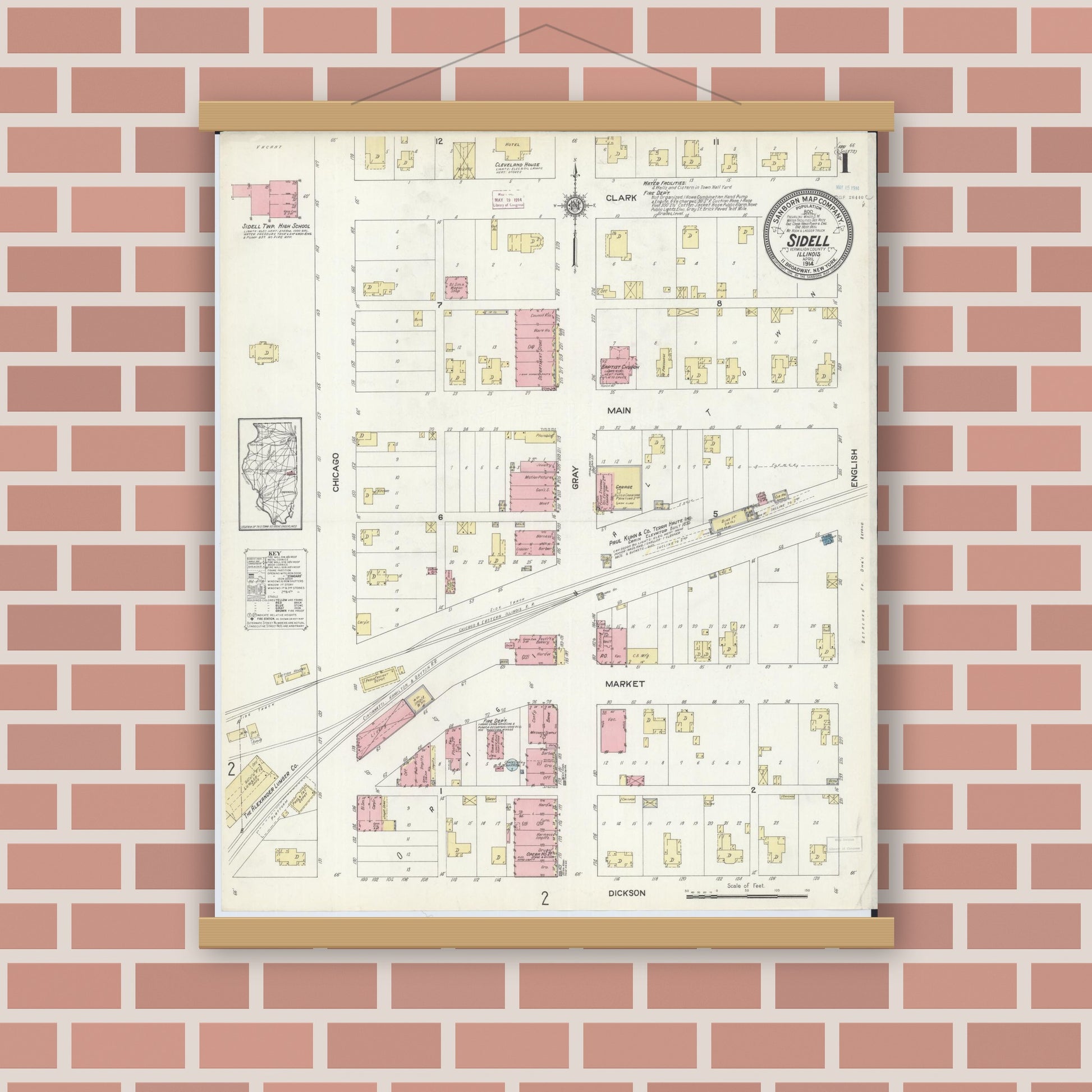Old map wall art mockup — magnetic wood frame on brick wall — Sanborn Fire Insurance Map from Sidell, Vermilion County, Illinois (1914), Sheet #0001