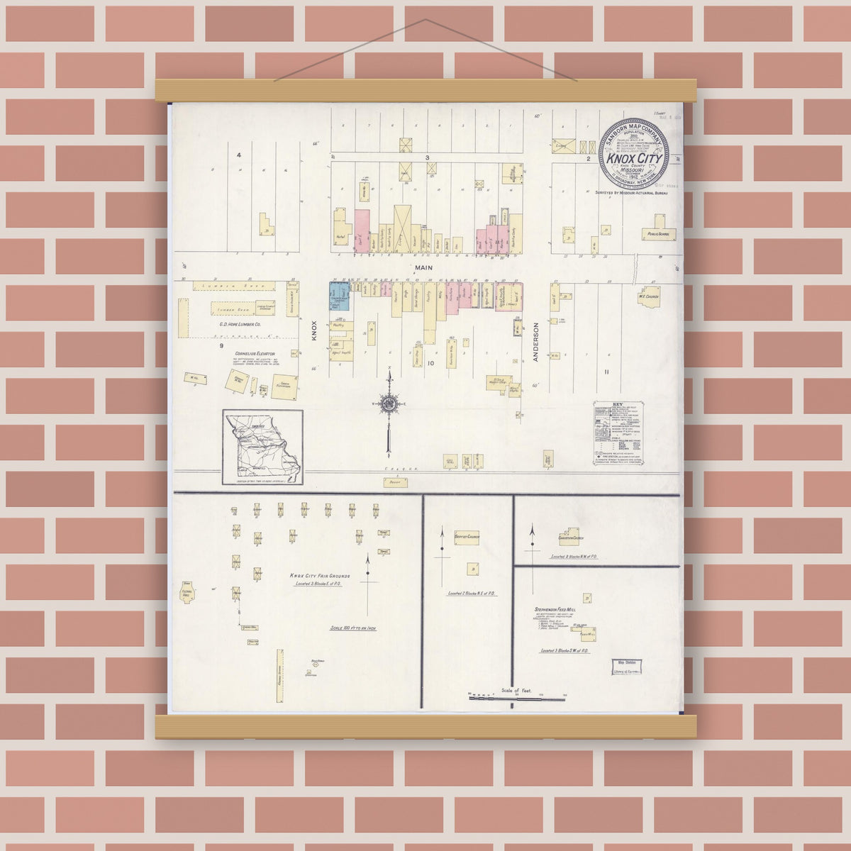 Old map wall art mockup — magnetic wood frame on brick wall — Sanborn Fire Insurance Map from Knox City, Knox County, Missouri (1912), Sheet #0001