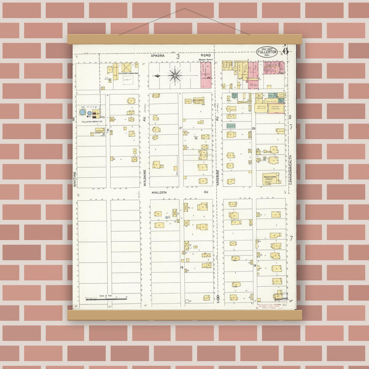 Old map wall art mockup — magnetic wood frame on brick wall — Sanborn Fire Insurance Map from Fullerton, Orange County, California (1907), Sheet #0006