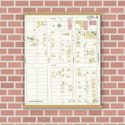 Old map wall art mockup — magnetic wood frame on brick wall — Sanborn Fire Insurance Map from Fullerton, Orange County, California (1907), Sheet #0006