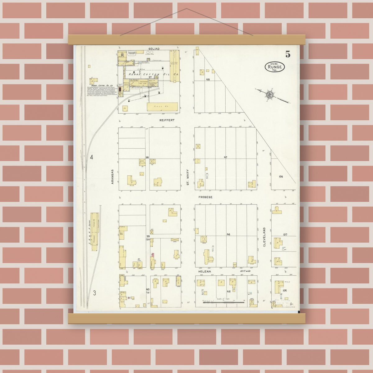Old map wall art mockup — magnetic wood frame on brick wall — Sanborn Fire Insurance Map from Runge, Karnes County, Texas (1912), Sheet #0005