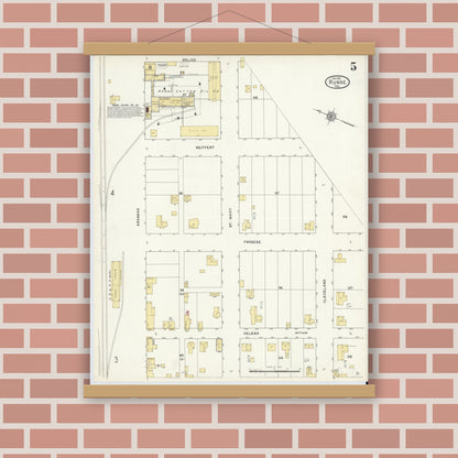 Old map wall art mockup — magnetic wood frame on brick wall — Sanborn Fire Insurance Map from Runge, Karnes County, Texas (1912), Sheet #0005