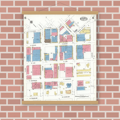 Old map wall art mockup — magnetic wood frame on brick wall — Sanborn Fire Insurance Map from Brownwood, Brown County, Texas (1923), Sheet #0006