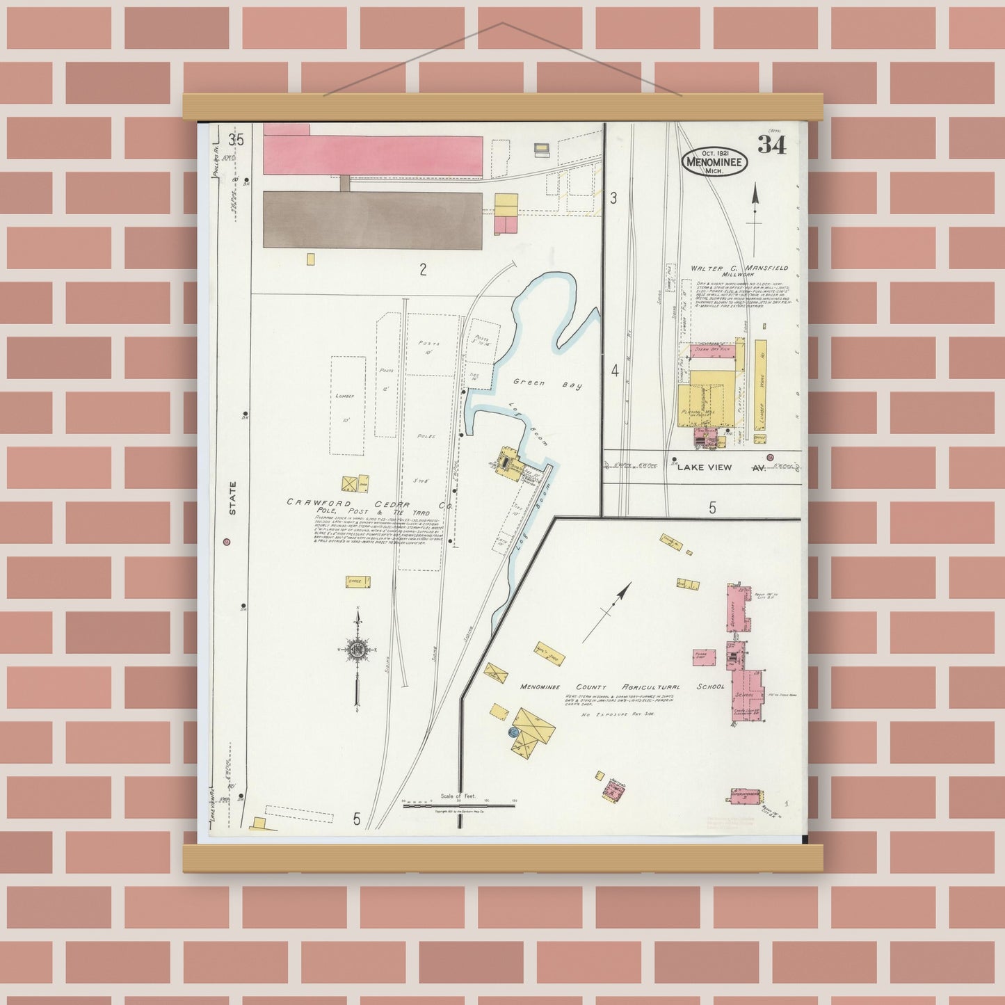 Old map wall art mockup — magnetic wood frame on brick wall — Sanborn Fire Insurance Map from Menominee, Menominee County, Michigan (1921), Sheet #0034