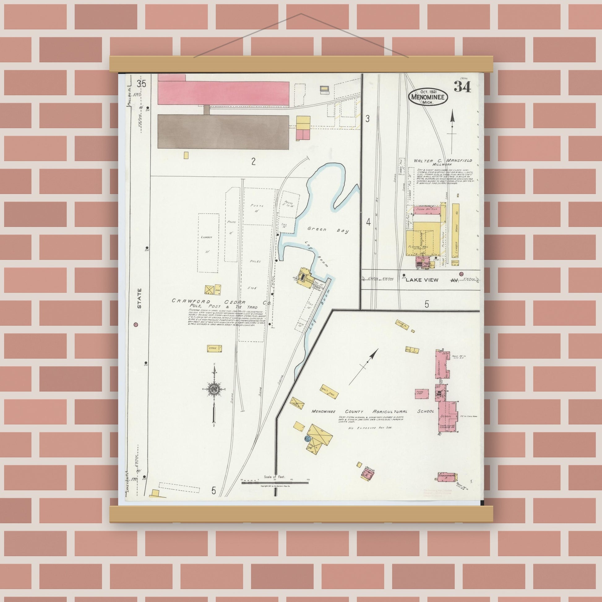 Old map wall art mockup — magnetic wood frame on brick wall — Sanborn Fire Insurance Map from Menominee, Menominee County, Michigan (1921), Sheet #0034