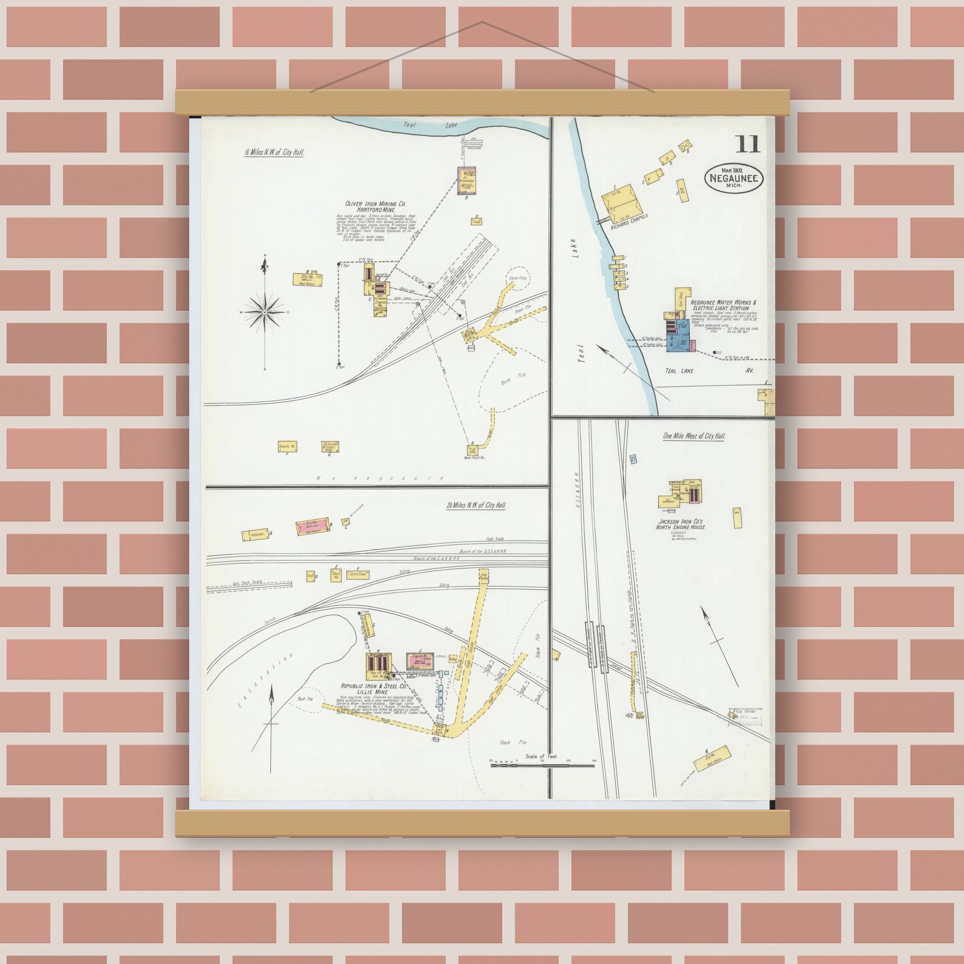 Old map wall art mockup — magnetic wood frame on brick wall — Sanborn Fire Insurance Map from Negaunee, Marquette County, Michigan (1902), Sheet #0011