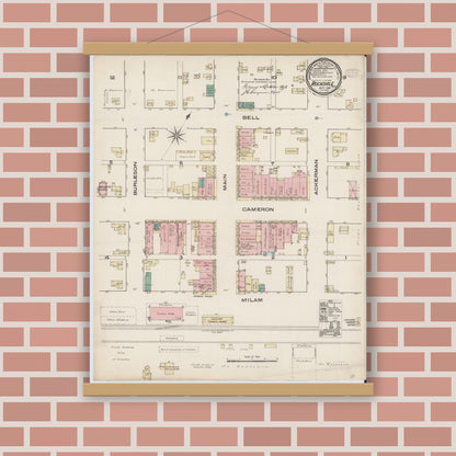 Old map wall art mockup — magnetic wood frame on brick wall — Sanborn Fire Insurance Map from Rockdale, Milam County, Texas (1885), Sheet #0001