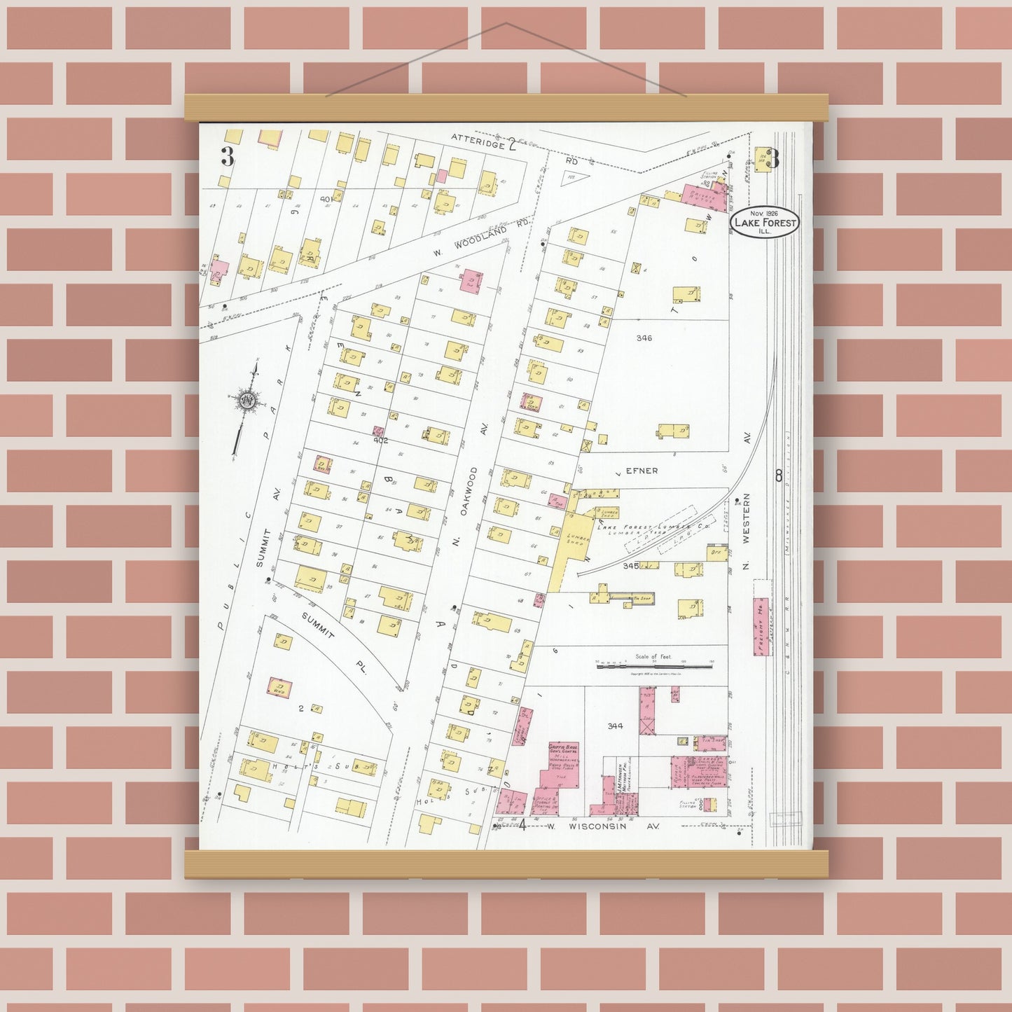 Old map wall art mockup — magnetic wood frame on brick wall — Sanborn Fire Insurance Map from Lake Forest, Lake County, Illinois (1926), Sheet #0003