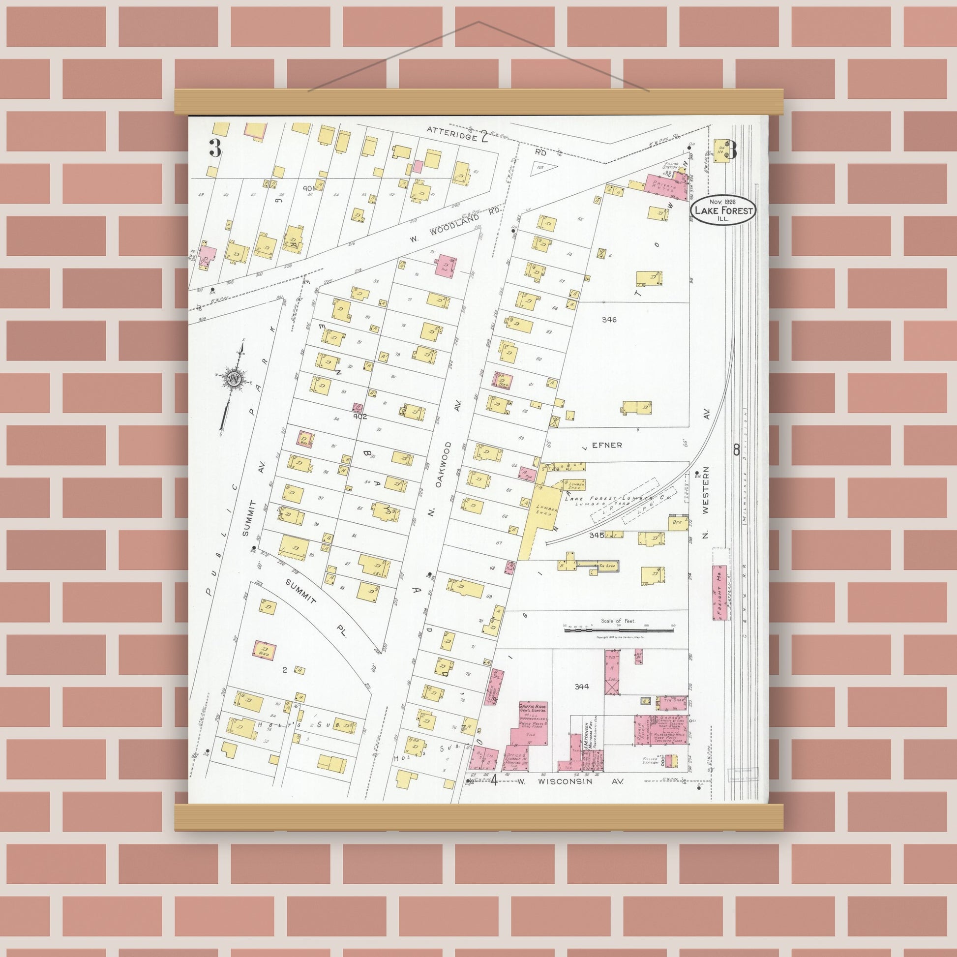 Old map wall art mockup — magnetic wood frame on brick wall — Sanborn Fire Insurance Map from Lake Forest, Lake County, Illinois (1926), Sheet #0003