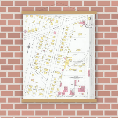 Old map wall art mockup — magnetic wood frame on brick wall — Sanborn Fire Insurance Map from Lake Forest, Lake County, Illinois (1926), Sheet #0003