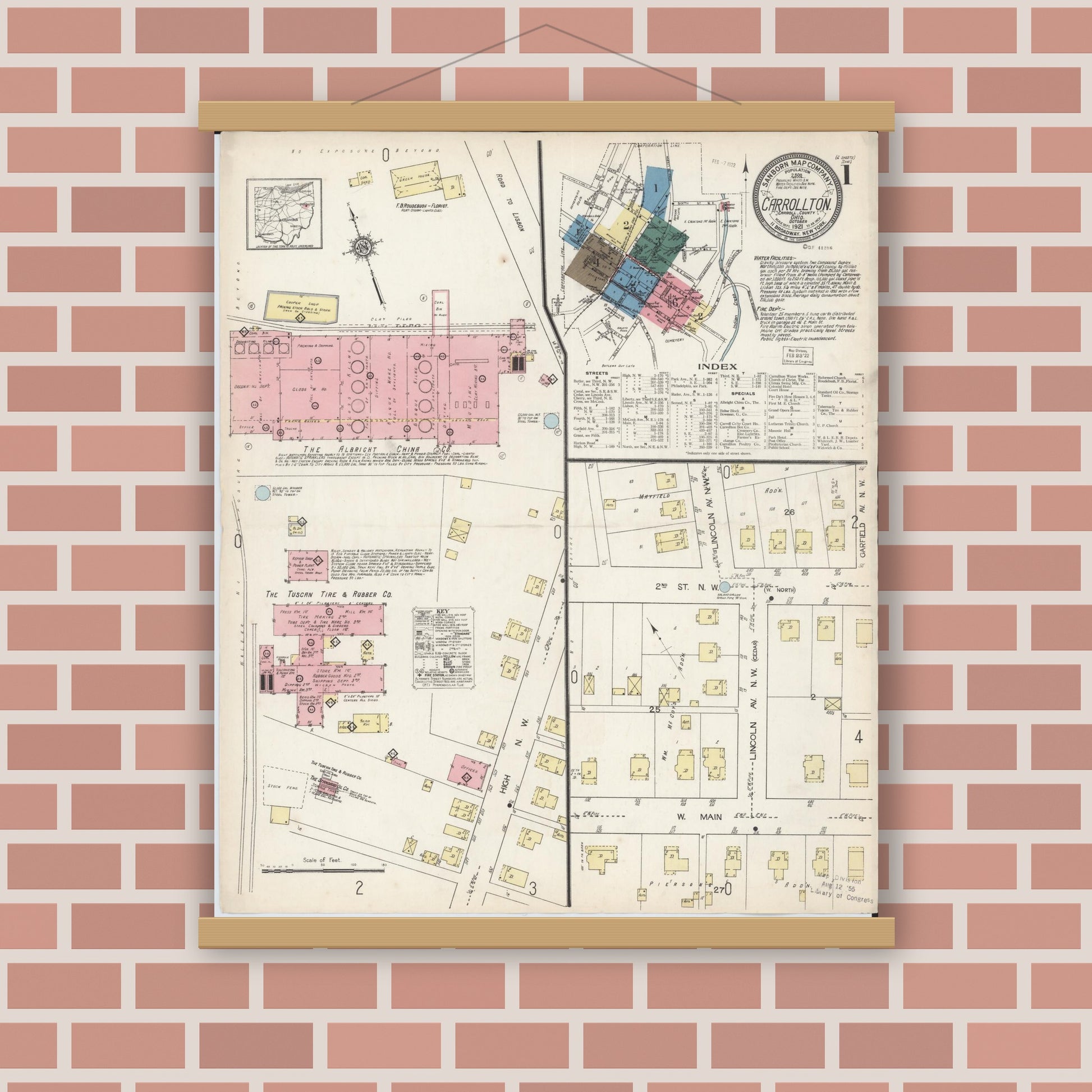 Old map wall art mockup — magnetic wood frame on brick wall — Sanborn Fire Insurance Map from Carrollton, Carroll County, Ohio (1921) - Complete Map Set