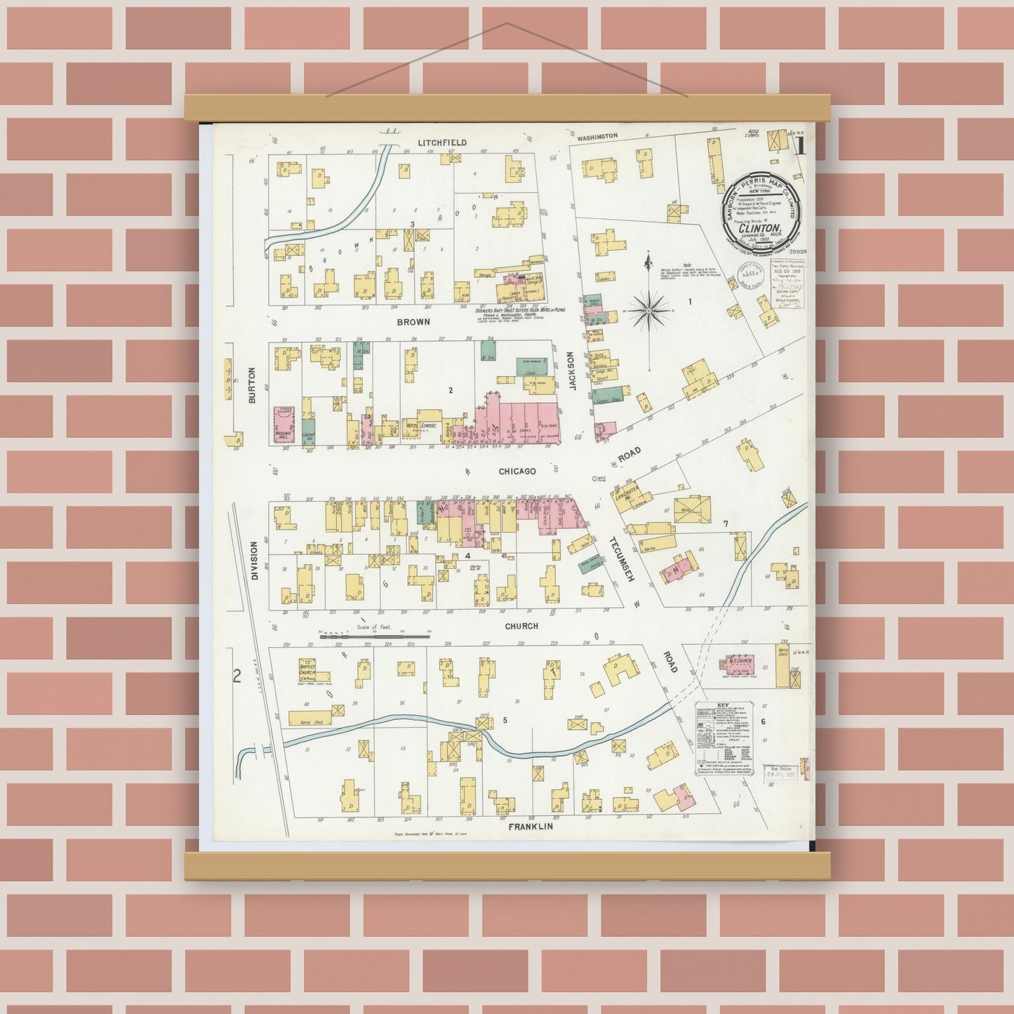Old map wall art mockup — magnetic wood frame on brick wall — Sanborn Fire Insurance Map from Clinton, Lenawee County, Michigan (1900), Sheet #0001