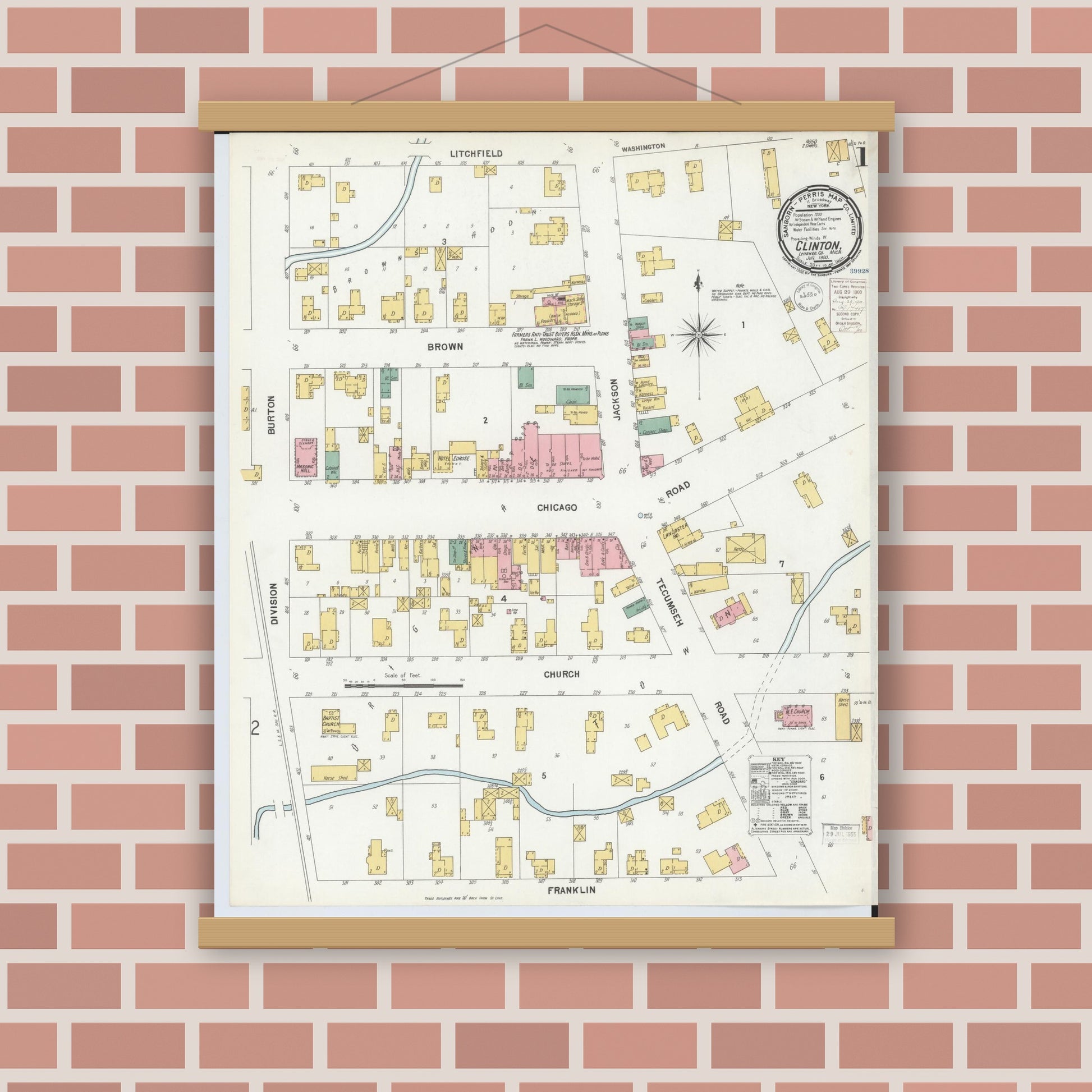 Old map wall art mockup — magnetic wood frame on brick wall — Sanborn Fire Insurance Map from Clinton, Lenawee County, Michigan (1900), Sheet #0001