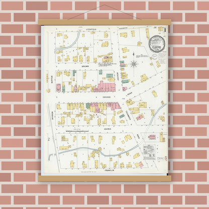 Old map wall art mockup — magnetic wood frame on brick wall — Sanborn Fire Insurance Map from Clinton, Lenawee County, Michigan (1900), Sheet #0001