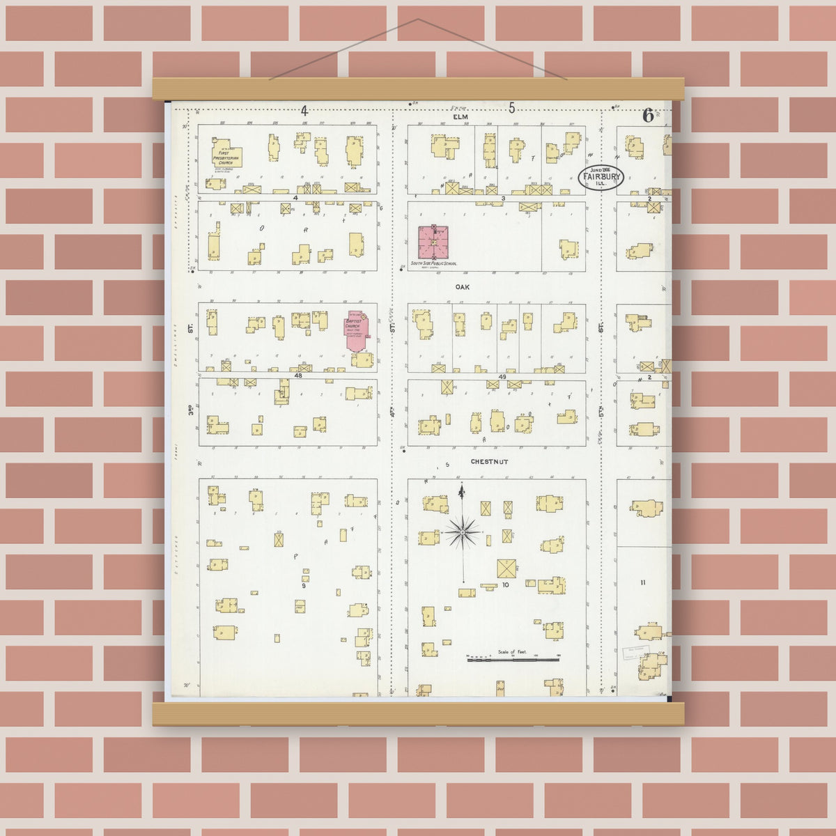 Old map wall art mockup — magnetic wood frame on brick wall — Sanborn Fire Insurance Map from Fairbury, Livingston County, Illinois (1906), Sheet #0006