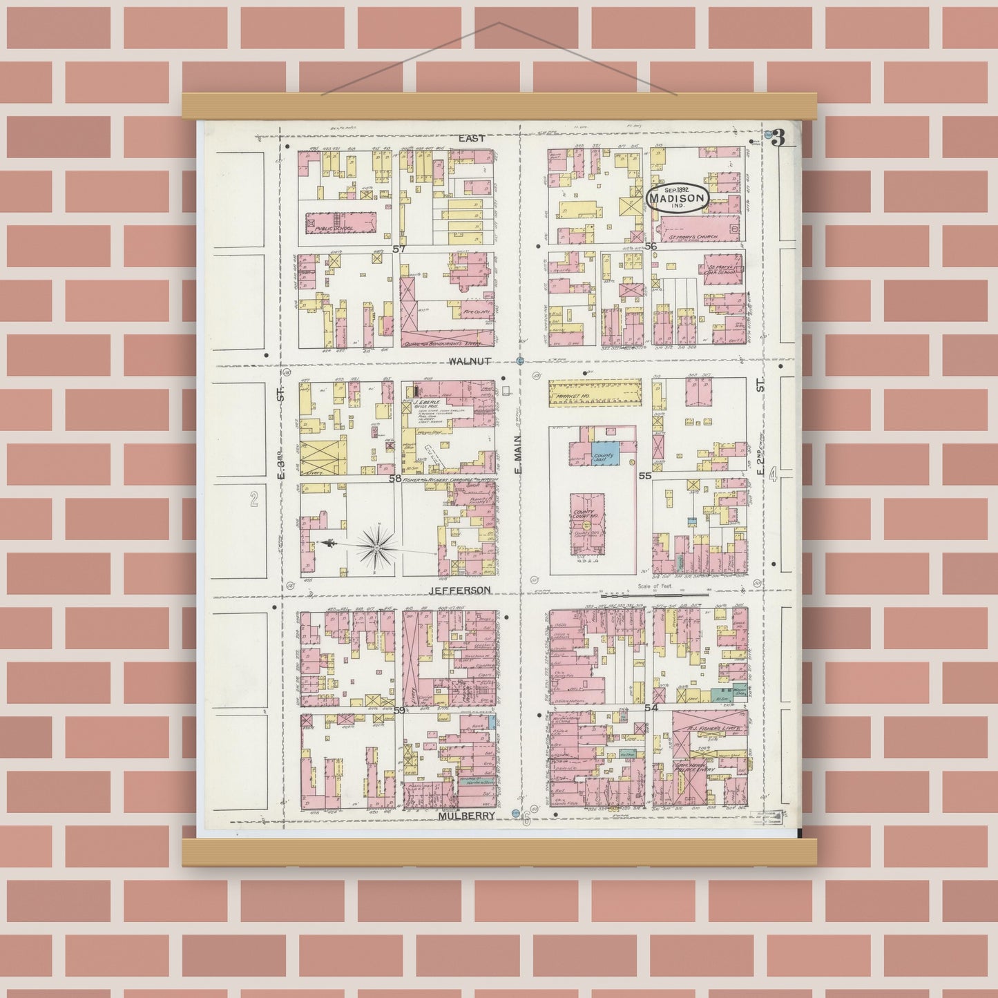 Old map wall art mockup — magnetic wood frame on brick wall — Sanborn Fire Insurance Map from Madison, Jefferson County, Indiana (1892), Sheet #0003
