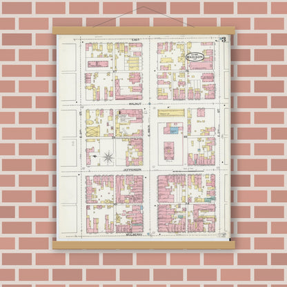 Old map wall art mockup — magnetic wood frame on brick wall — Sanborn Fire Insurance Map from Madison, Jefferson County, Indiana (1892), Sheet #0003