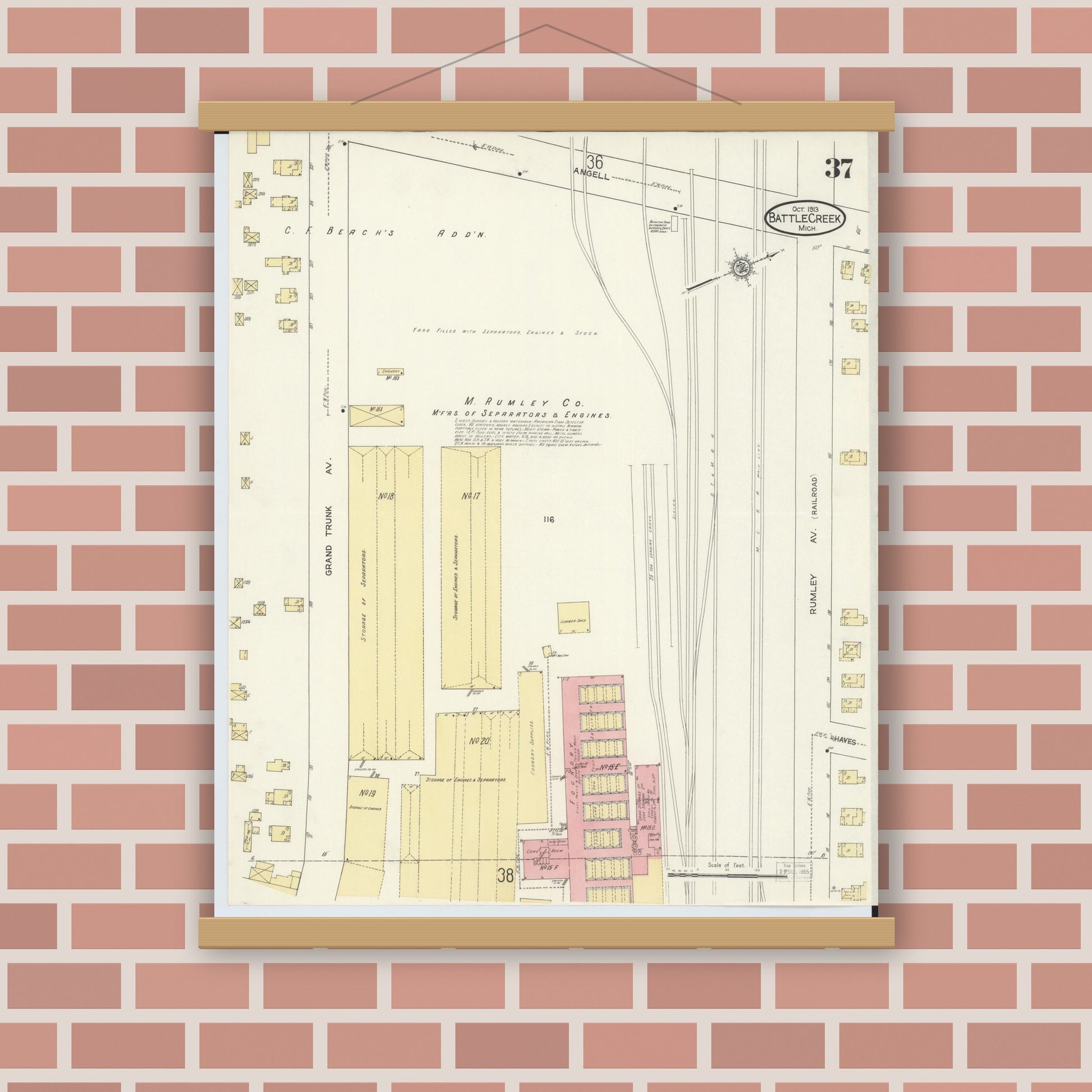 Old map wall art mockup — magnetic wood frame on brick wall — Sanborn Fire Insurance Map from Battle Creek, Calhoun County, Michigan (1913), Sheet #0037