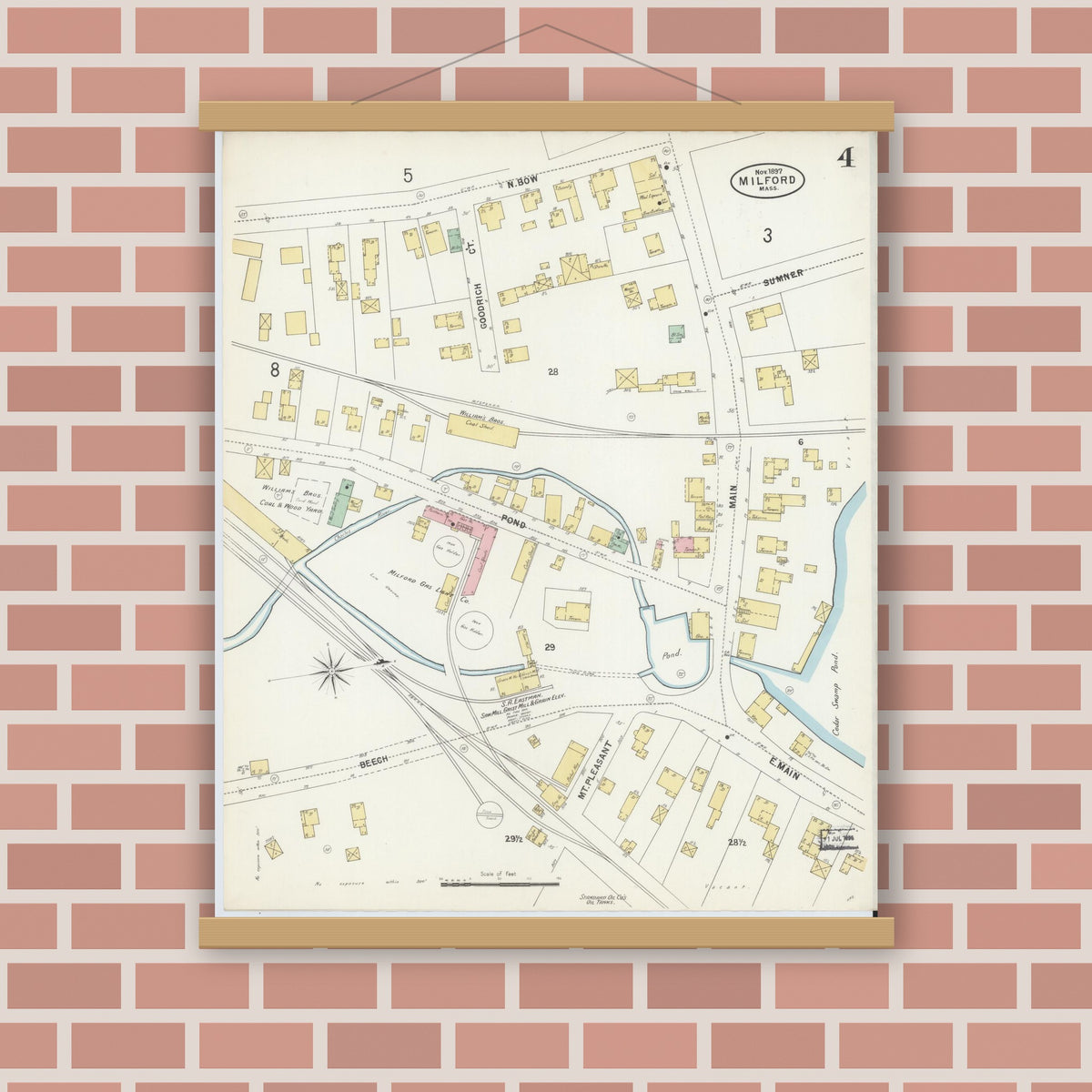 Old map wall art mockup — magnetic wood frame on brick wall — Sanborn Fire Insurance Map from Milford, Worcester County, Massachusetts (1897), Sheet #0004