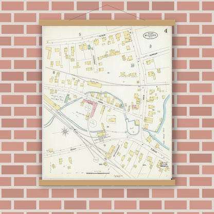 Old map wall art mockup — magnetic wood frame on brick wall — Sanborn Fire Insurance Map from Milford, Worcester County, Massachusetts (1897), Sheet #0004