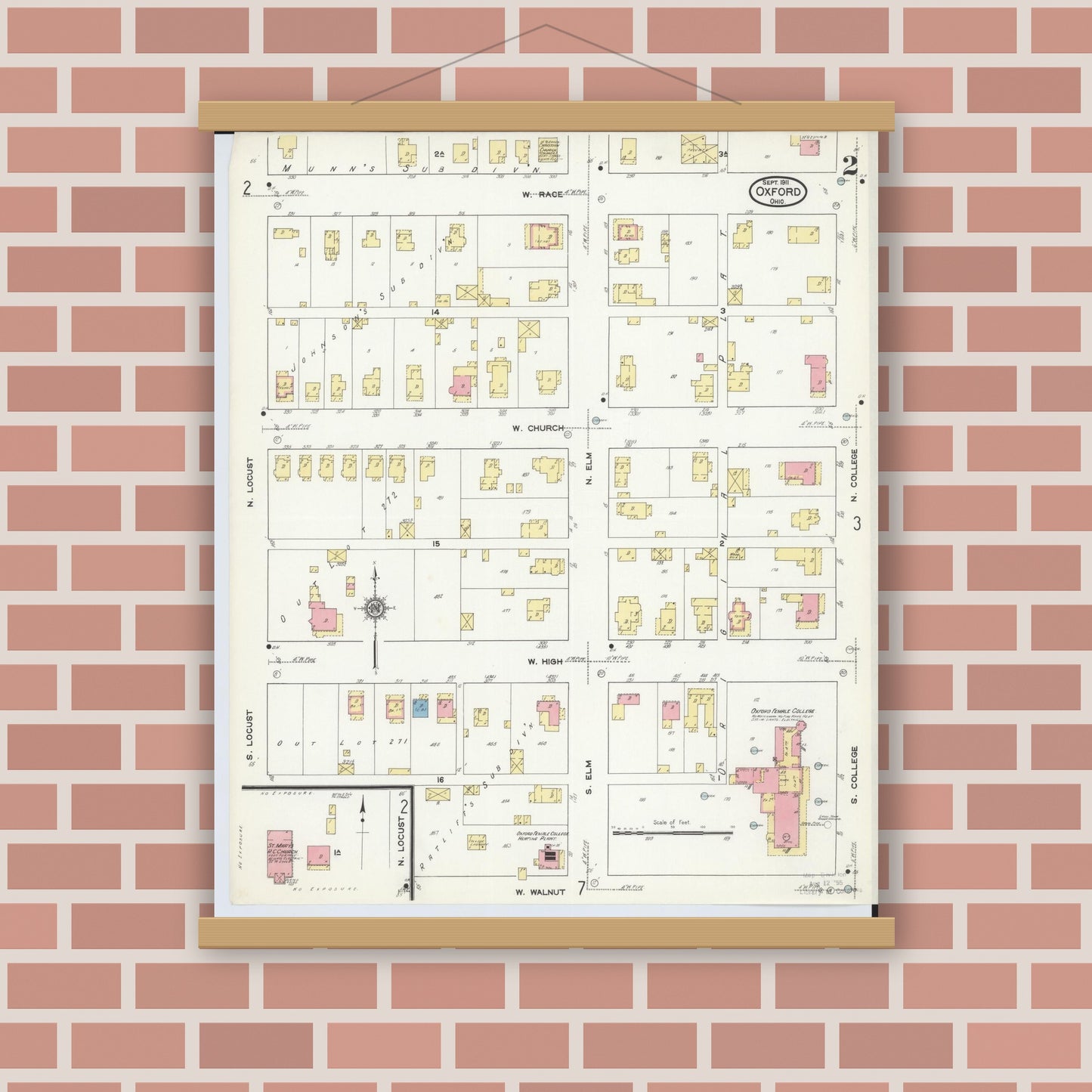 Old map wall art mockup — magnetic wood frame on brick wall — Sanborn Fire Insurance Map from Oxford, Butler County, Ohio (1911), Sheet #0002
