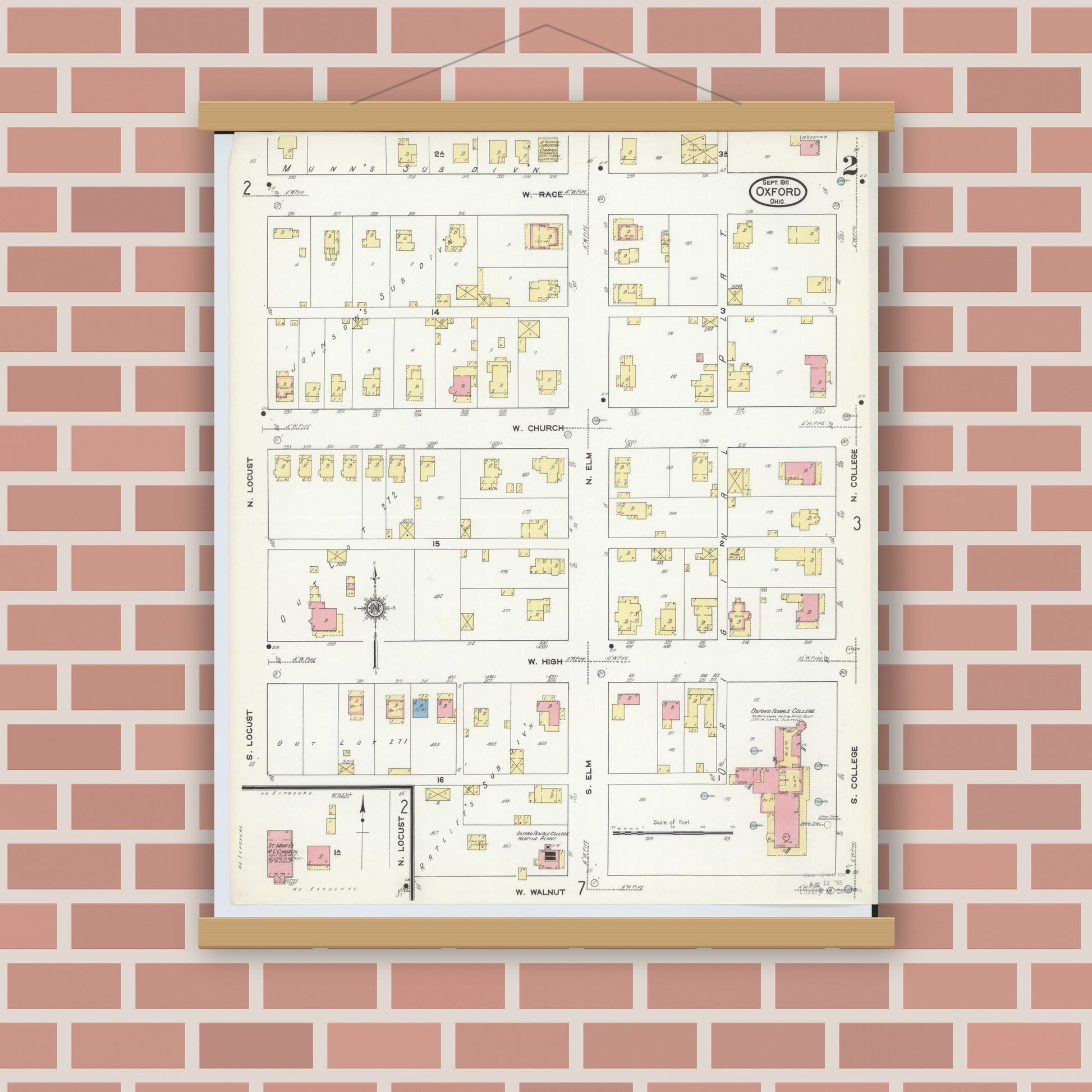 Old map wall art mockup — magnetic wood frame on brick wall — Sanborn Fire Insurance Map from Oxford, Butler County, Ohio (1911), Sheet #0002
