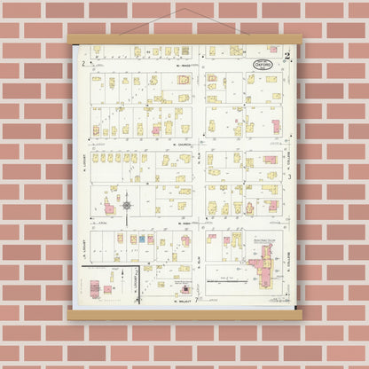 Old map wall art mockup — magnetic wood frame on brick wall — Sanborn Fire Insurance Map from Oxford, Butler County, Ohio (1911), Sheet #0002