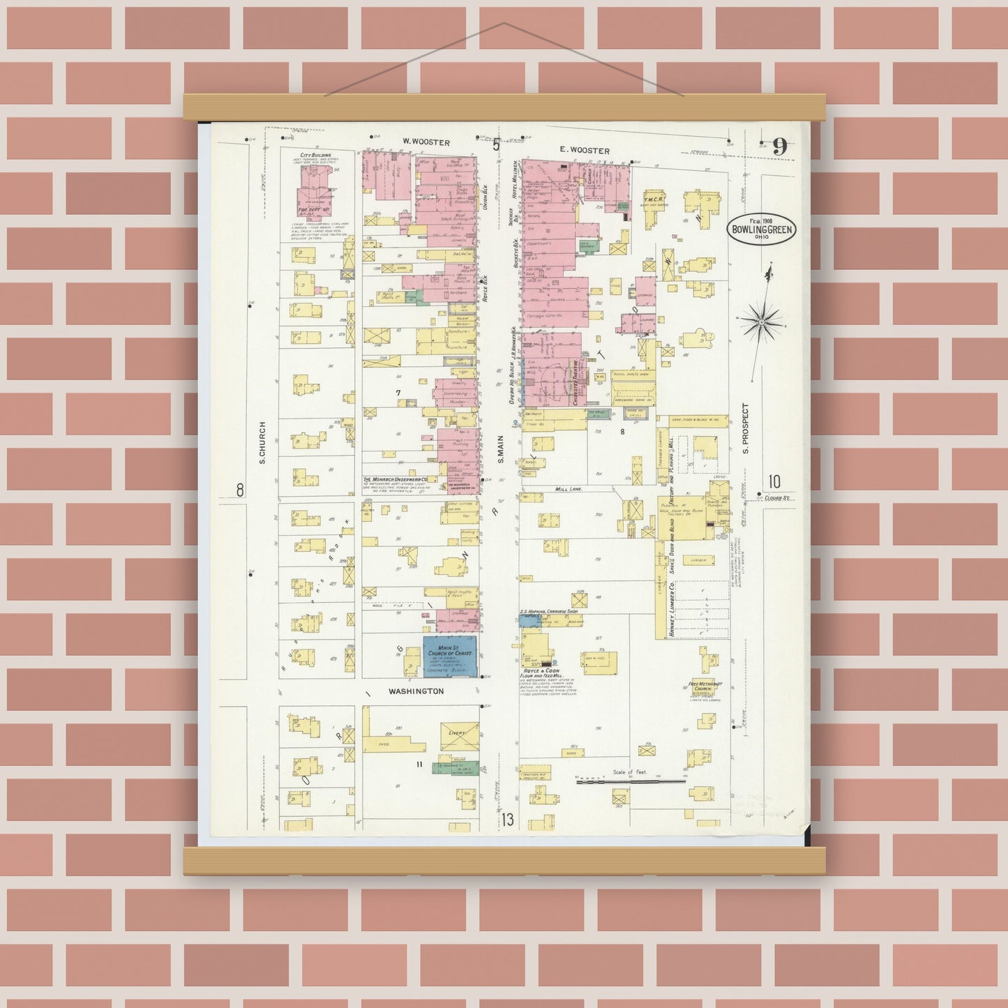 Old map wall art mockup — magnetic wood frame on brick wall — Sanborn Fire Insurance Map from Bowling Green, Wood County, Ohio (1908), Sheet #0009