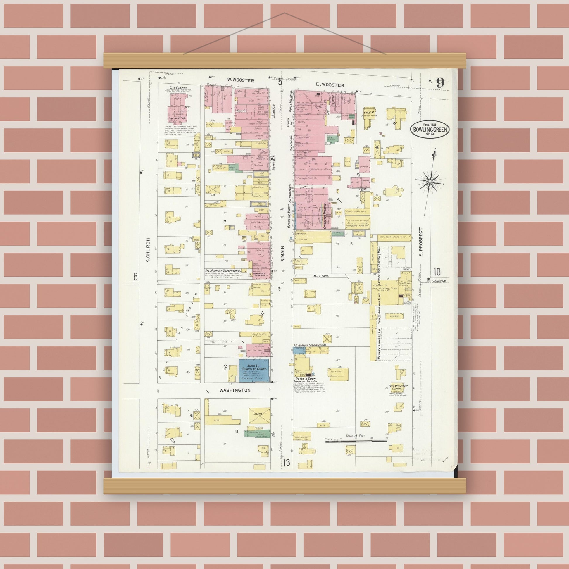 Old map wall art mockup — magnetic wood frame on brick wall — Sanborn Fire Insurance Map from Bowling Green, Wood County, Ohio (1908), Sheet #0009