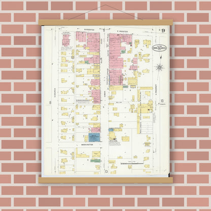 Old map wall art mockup — magnetic wood frame on brick wall — Sanborn Fire Insurance Map from Bowling Green, Wood County, Ohio (1908), Sheet #0009