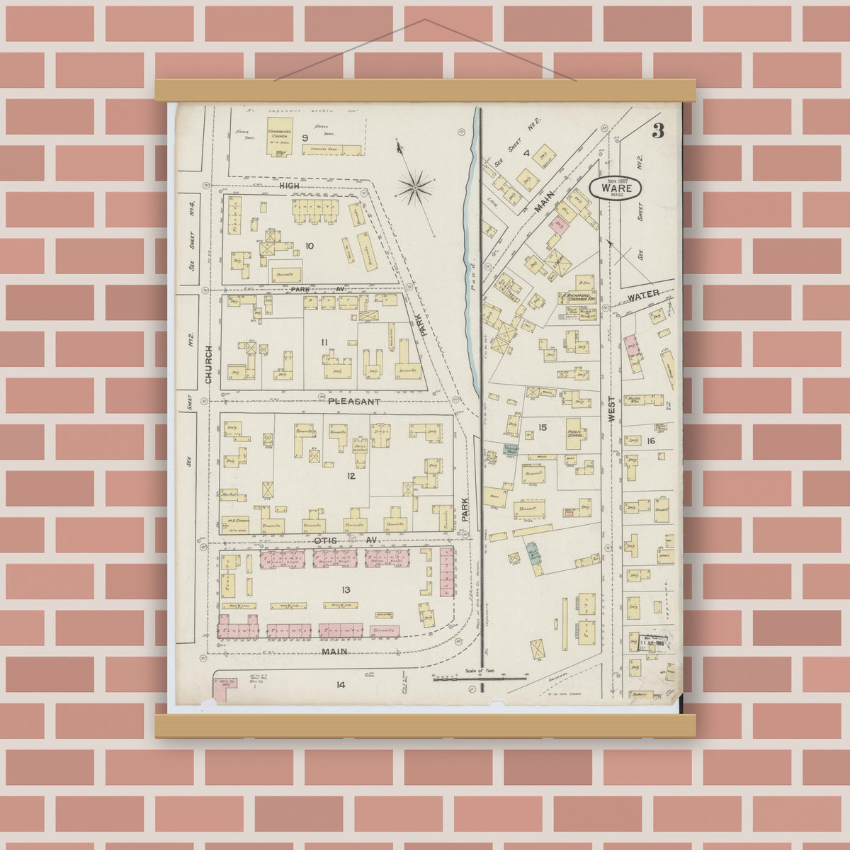 Old map wall art mockup — magnetic wood frame on brick wall — Sanborn Fire Insurance Map from Ware, Hampshire County, Massachusetts (1887), Sheet #0003