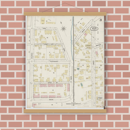 Old map wall art mockup — magnetic wood frame on brick wall — Sanborn Fire Insurance Map from Ware, Hampshire County, Massachusetts (1887), Sheet #0003