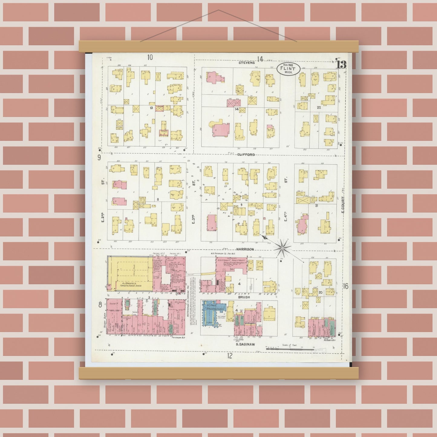 Old map wall art mockup — magnetic wood frame on brick wall — Sanborn Fire Insurance Map from Flint, Genesee County, Michigan (1902), Sheet #0013