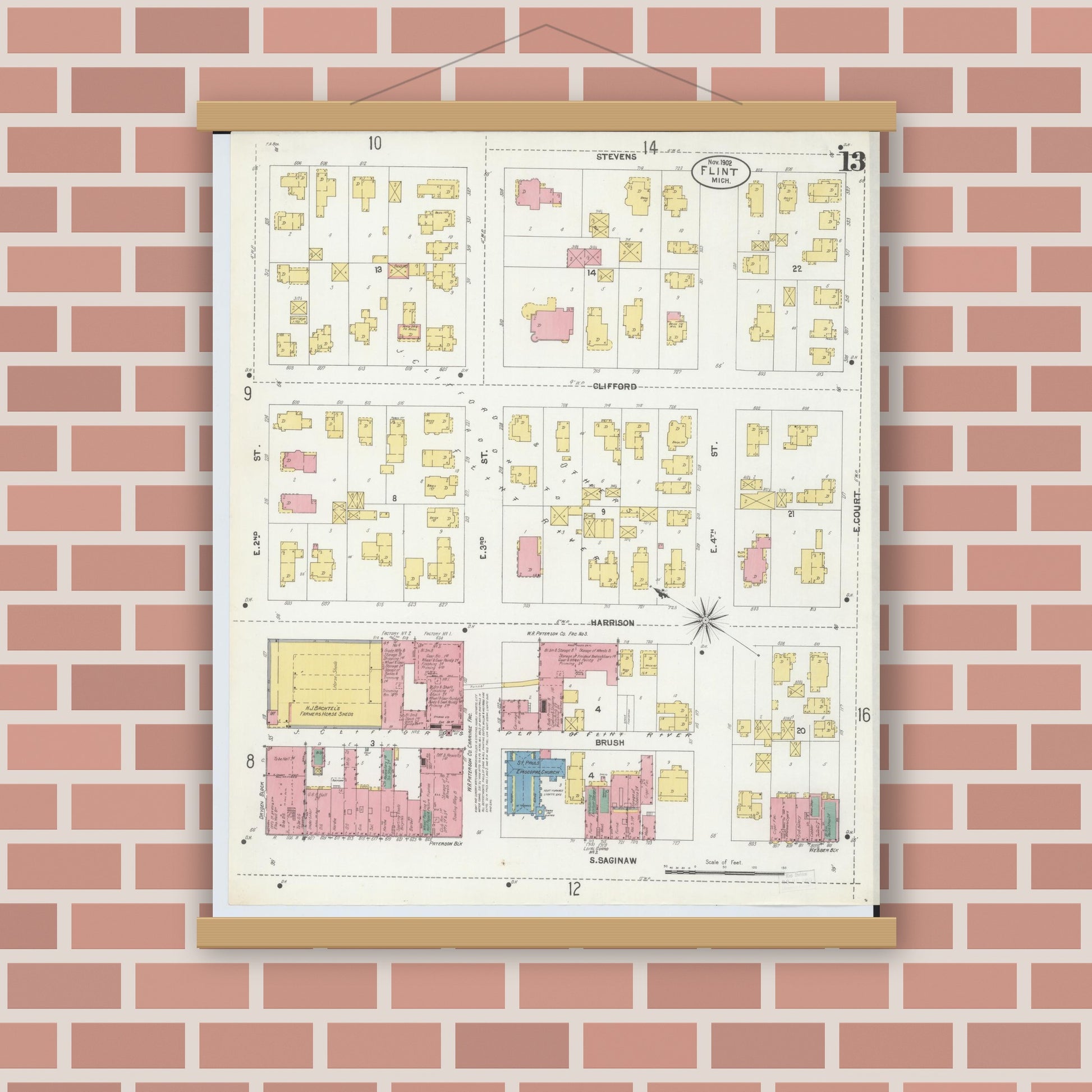 Old map wall art mockup — magnetic wood frame on brick wall — Sanborn Fire Insurance Map from Flint, Genesee County, Michigan (1902), Sheet #0013
