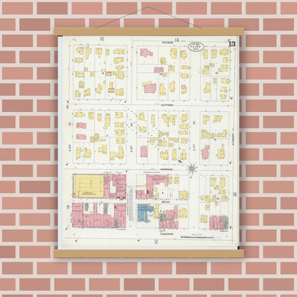 Old map wall art mockup — magnetic wood frame on brick wall — Sanborn Fire Insurance Map from Flint, Genesee County, Michigan (1902), Sheet #0013