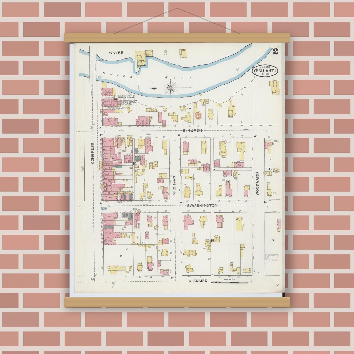 Old map wall art mockup — magnetic wood frame on brick wall — Sanborn Fire Insurance Map from Ypsilanti, Washtenaw County, Michigan (1893), Sheet #0002